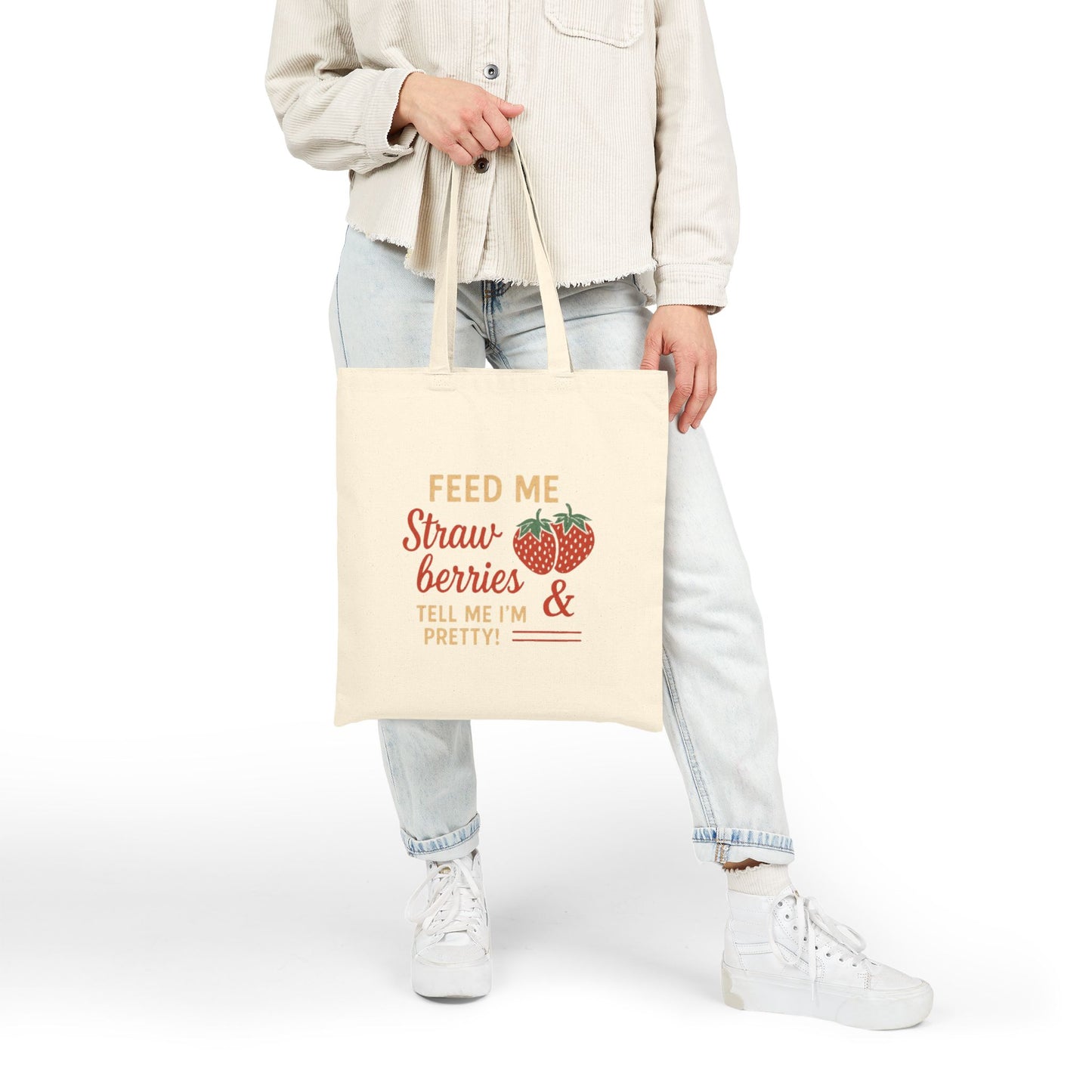 Strawberry Quote Canvas Tote Bag, Eco-Friendly Shopping Tote, Cute Gift for Her, Fun Beach Bag, Farmers' Market Essential