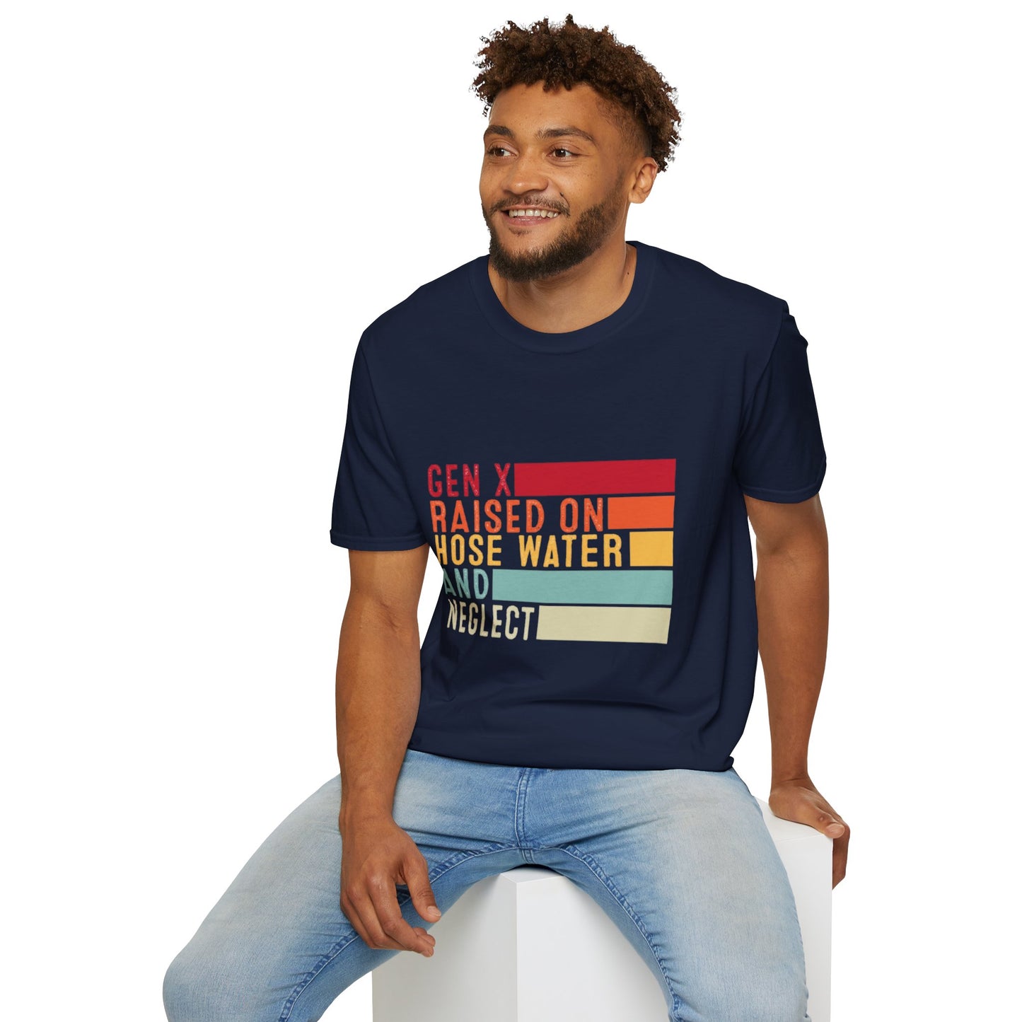 Gen X Humor Unisex Softstyle T-Shirt - Raised on Hose Water and Neglect