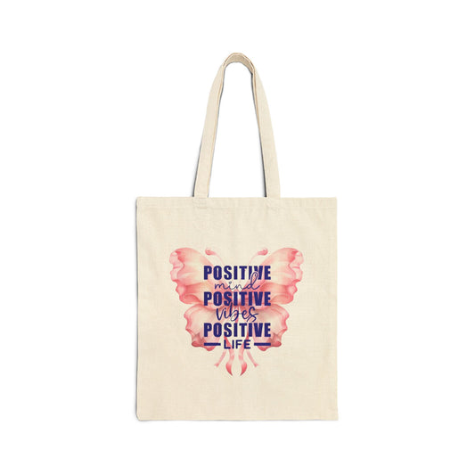 Positive Vibes Cotton Canvas Tote Bag, Eco-Friendly Shopping Tote, Butterfly Design, Gift for Her, Reusable Grocery Bag, Motivational Tote
