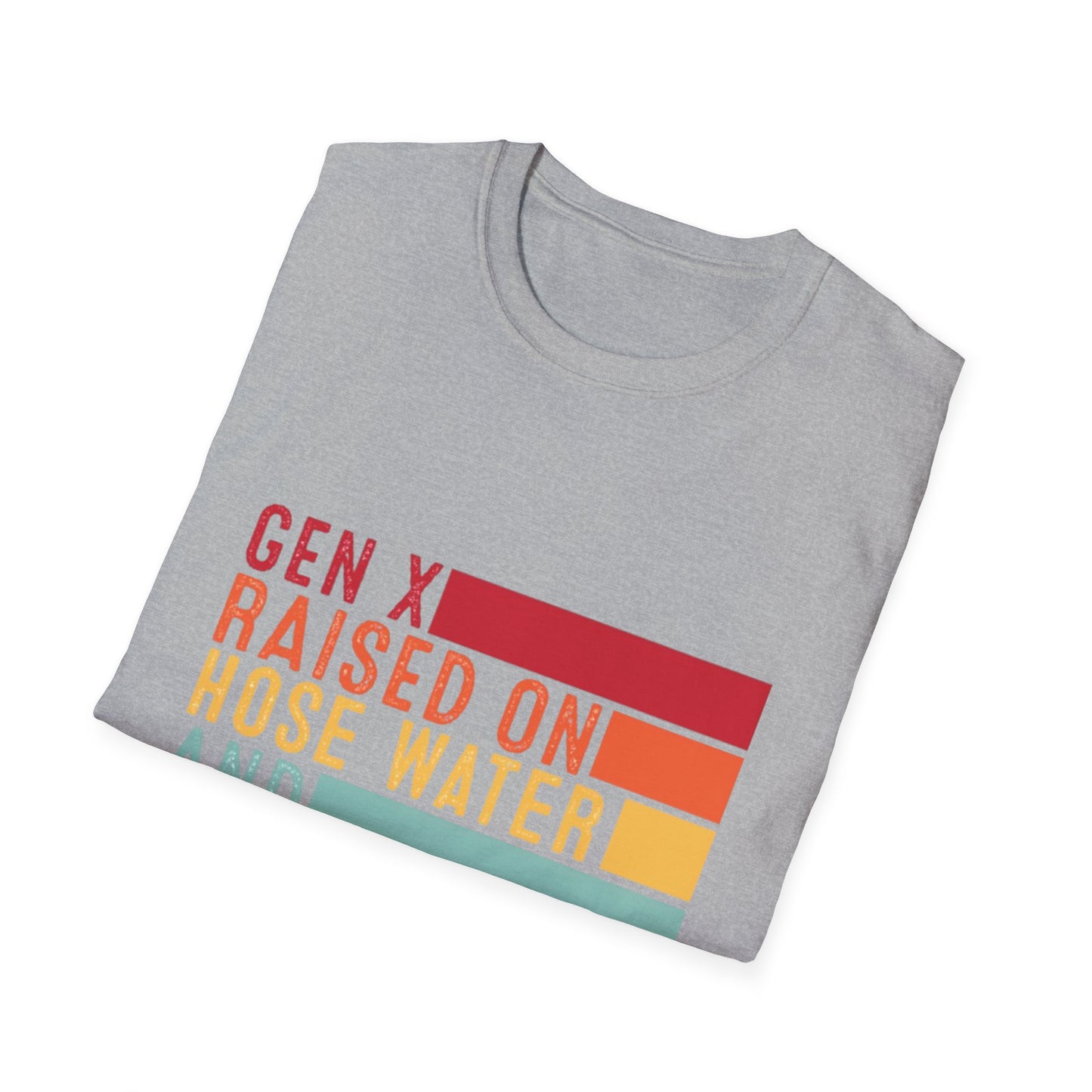 Gen X Humor Unisex Softstyle T-Shirt - Raised on Hose Water and Neglect
