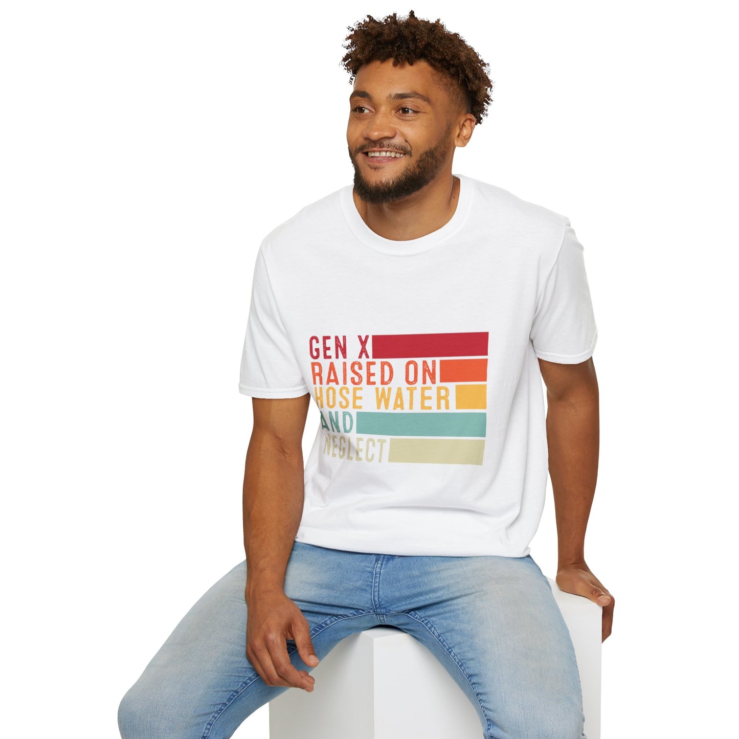 Gen X Humor Unisex Softstyle T-Shirt - Raised on Hose Water and Neglect