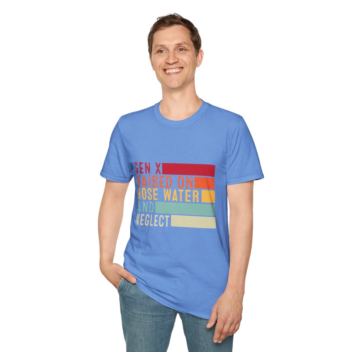 Gen X Humor Unisex Softstyle T-Shirt - Raised on Hose Water and Neglect