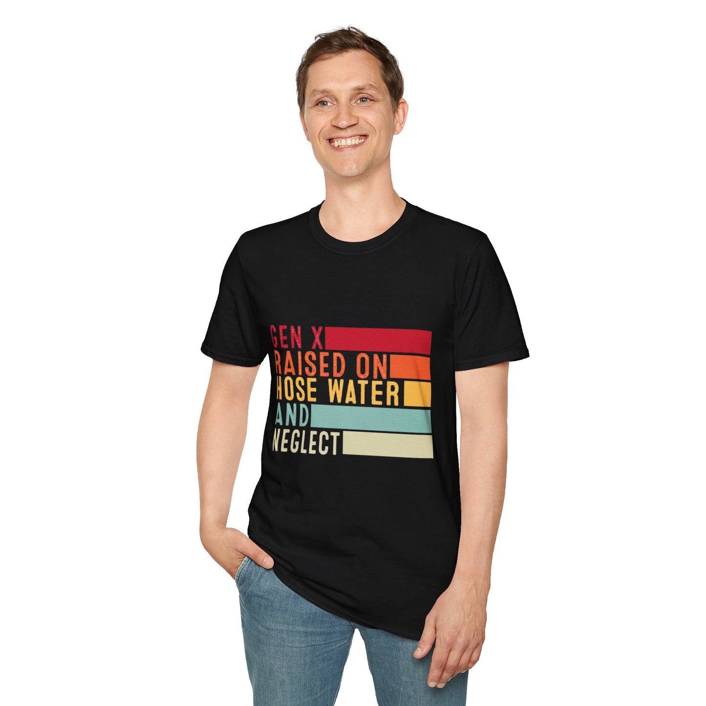 Gen X Humor Unisex Softstyle T-Shirt - Raised on Hose Water and Neglect