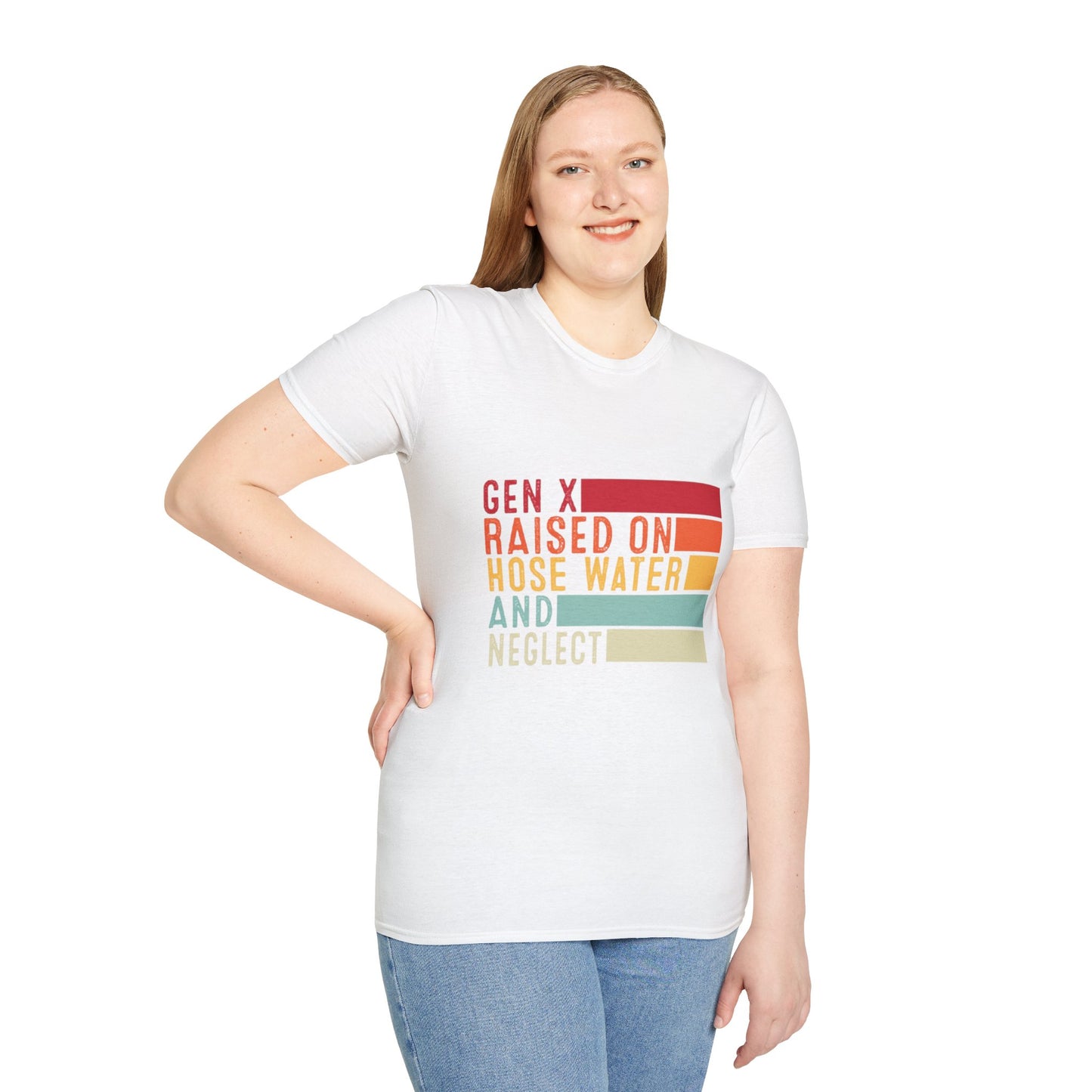 Gen X Humor Unisex Softstyle T-Shirt - Raised on Hose Water and Neglect