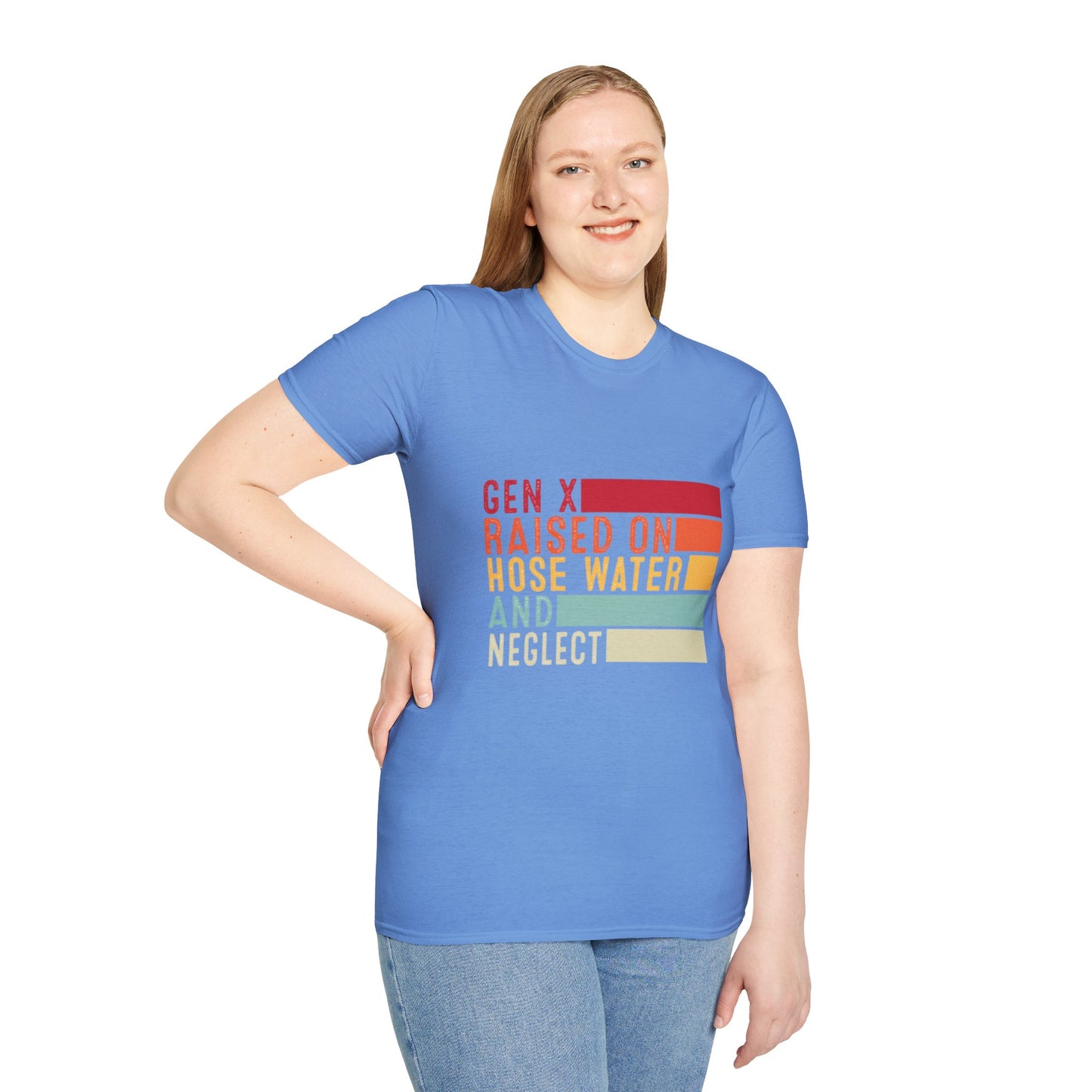 Gen X Humor Unisex Softstyle T-Shirt - Raised on Hose Water and Neglect
